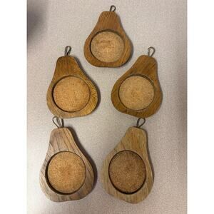 5 vintage mid-century modern pear-shaped wooden coasters cork centers